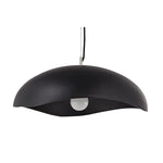 Matte black chandelier with a ceiling mount, featuring a concrete and iron construction with a maximum cord length of 108 inches.