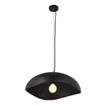 Matte black chandelier with a ceiling mount, featuring a concrete and iron construction with a maximum cord length of 108 inches.