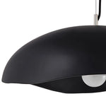 Matte black chandelier with a ceiling mount, featuring a concrete and iron construction with a maximum cord length of 108 inches.