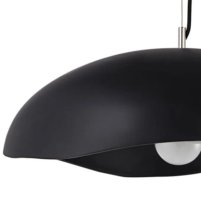 Matte black chandelier with a ceiling mount, featuring a concrete and iron construction with a maximum cord length of 108 inches.