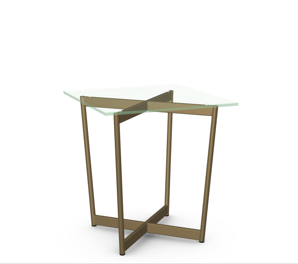 Glass table with gold metal frame on a white background