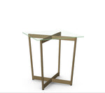 Glass table with gold metal frame on a white background