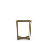 Glass table with bronze metal frame on a white background