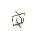 Modern glass table with geometric metal frame on a white background