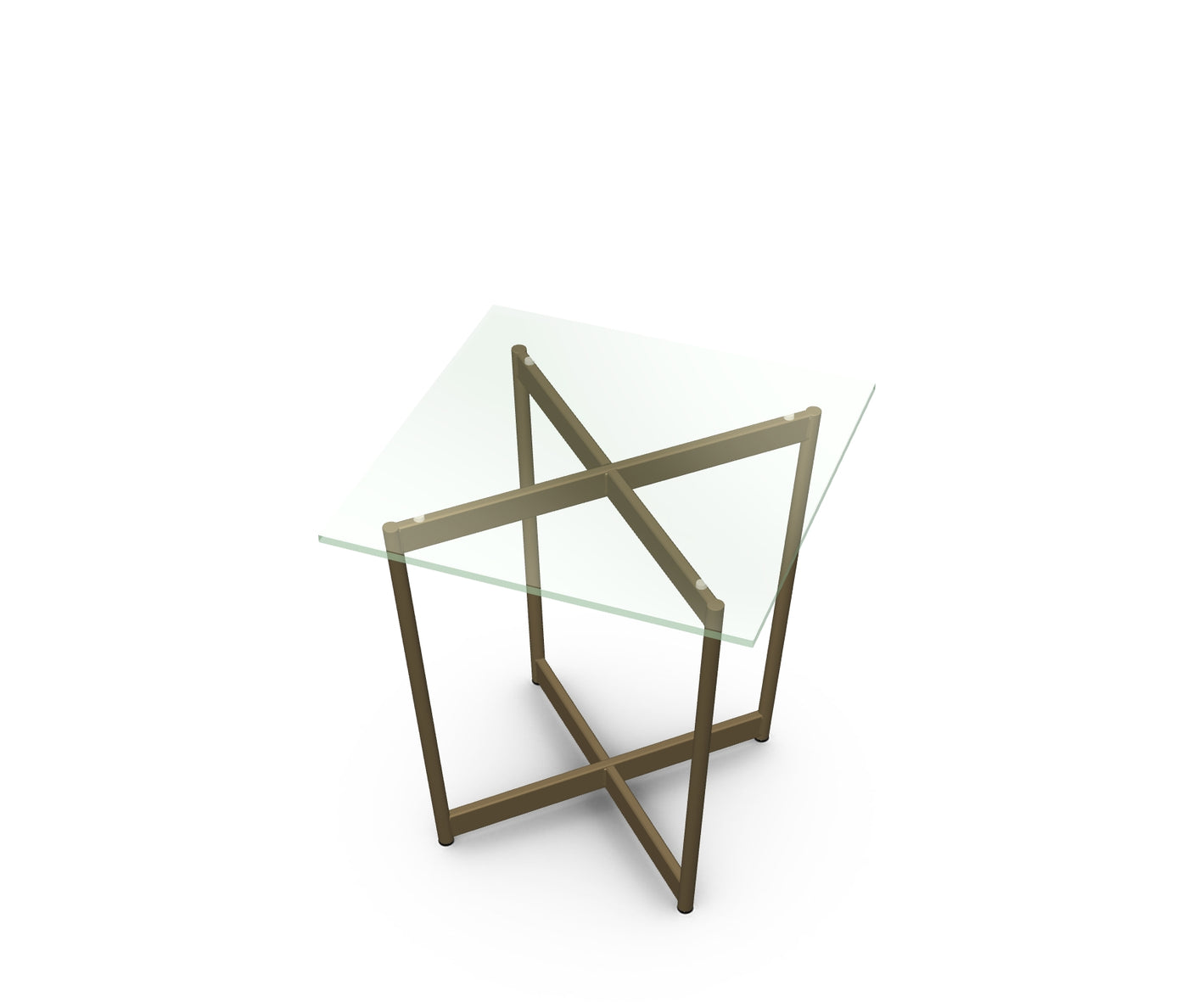 Modern glass table with geometric metal frame on a white background