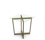 Glass table with bronze metal frame on a white background