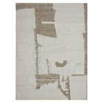Abstract patterned rug with beige and brown tones on a white background