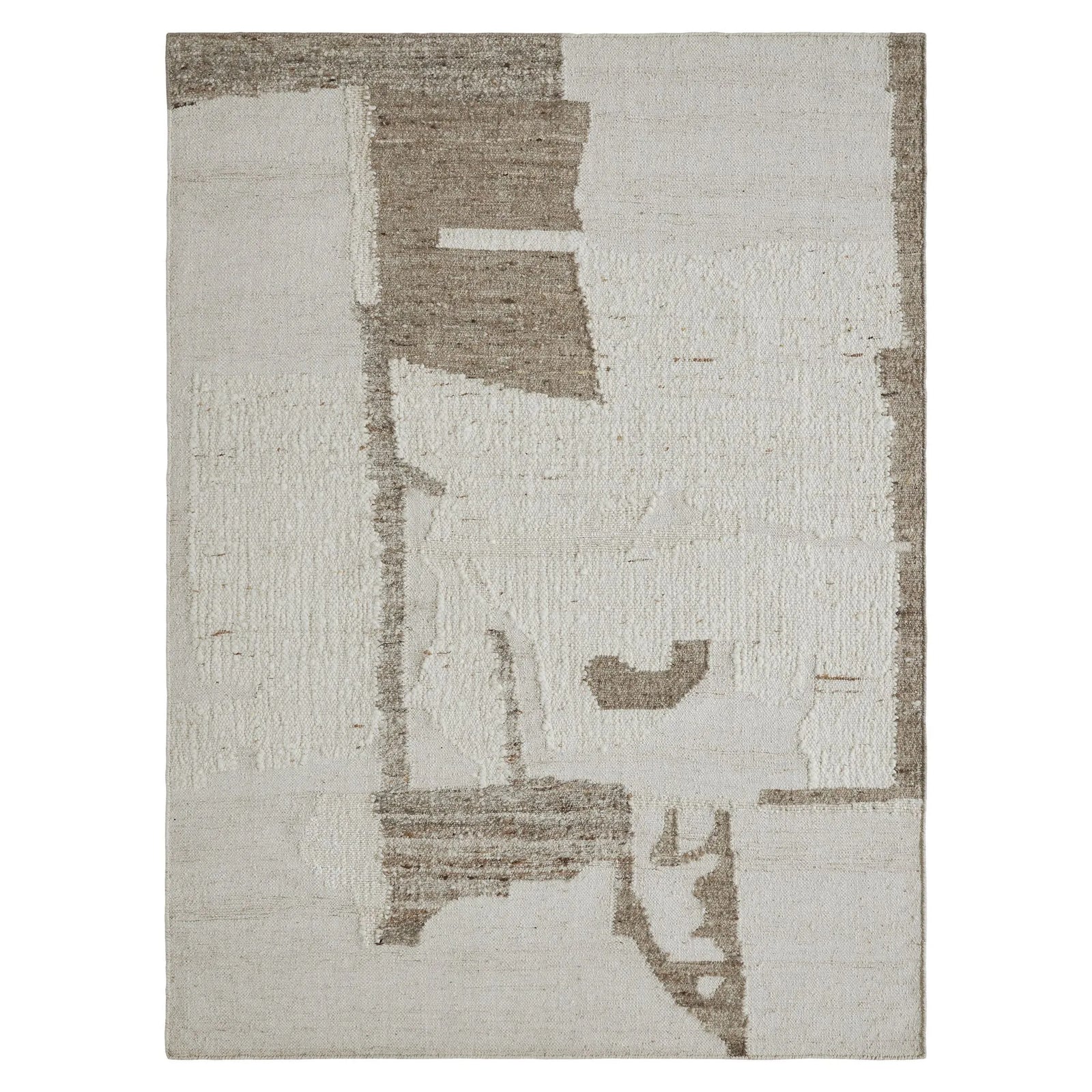 Abstract patterned rug with beige and brown tones on a white background
