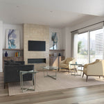 Modern living room with gray sofa, beige armchairs, and glass coffee table.