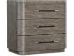 Dark brown three-drawer dresser with metallic handles on a white background