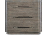 Dark brown three-drawer dresser with metallic handles on a white background