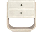 A beige nightstand with two drawers and a lower shelf, featuring a sleek, modern design.