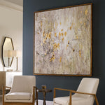Two chairs in a room with a large abstract painting on the wall.