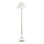 Floor lamp with white pleated shade and gold base on a white background