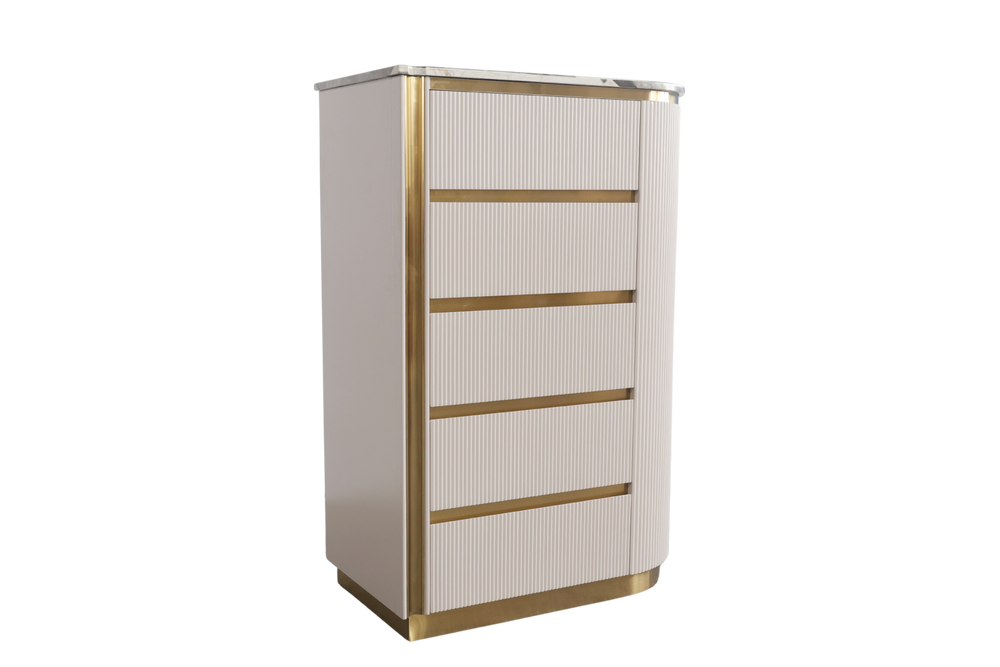 Tall white cabinet with gold accents on a white background
