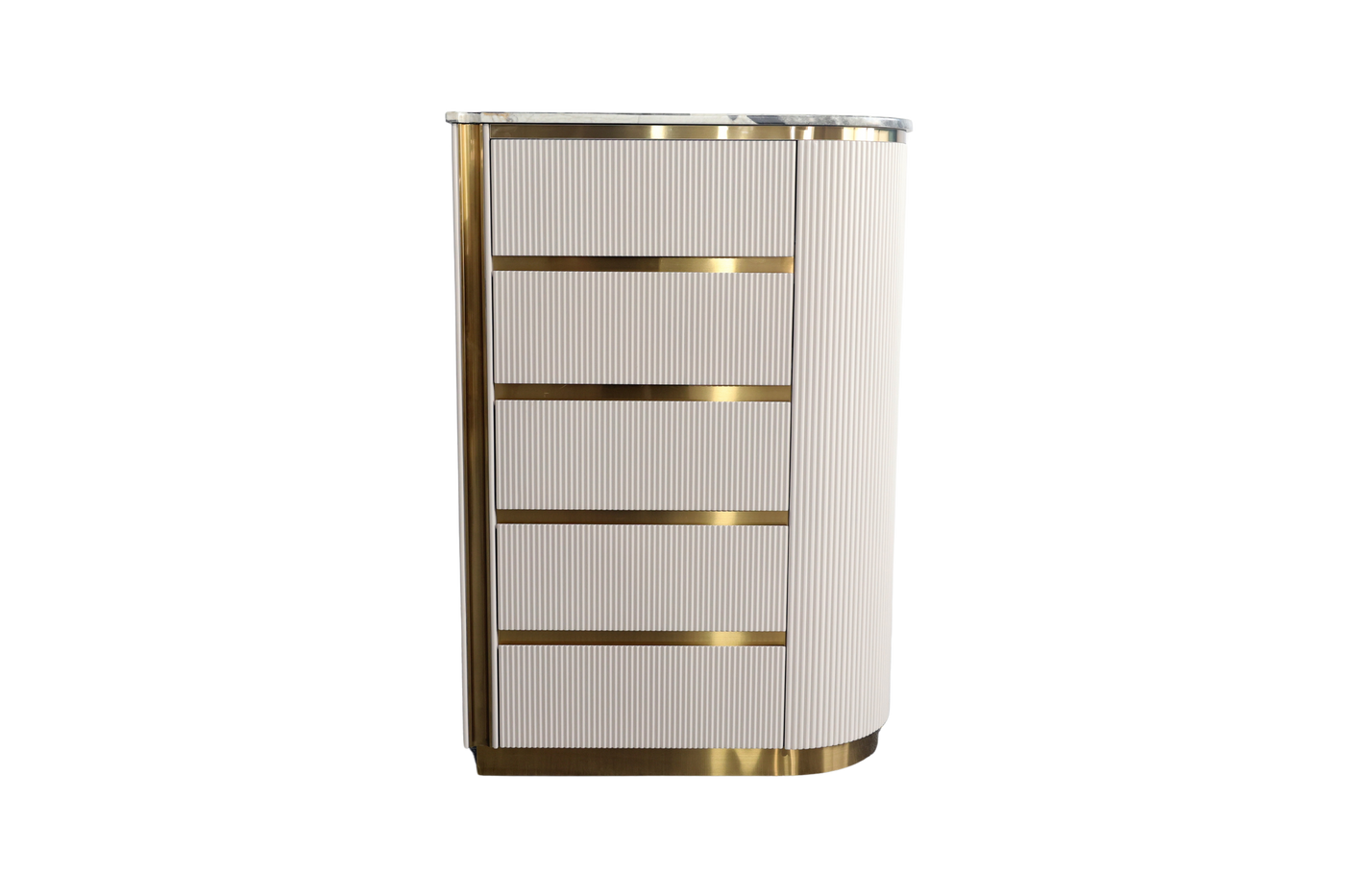 Decorative cabinet with gold accents on a white background