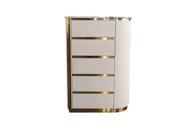 Decorative cabinet with gold accents on a white background