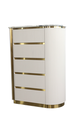 White and gold cylindrical cabinet on a white background