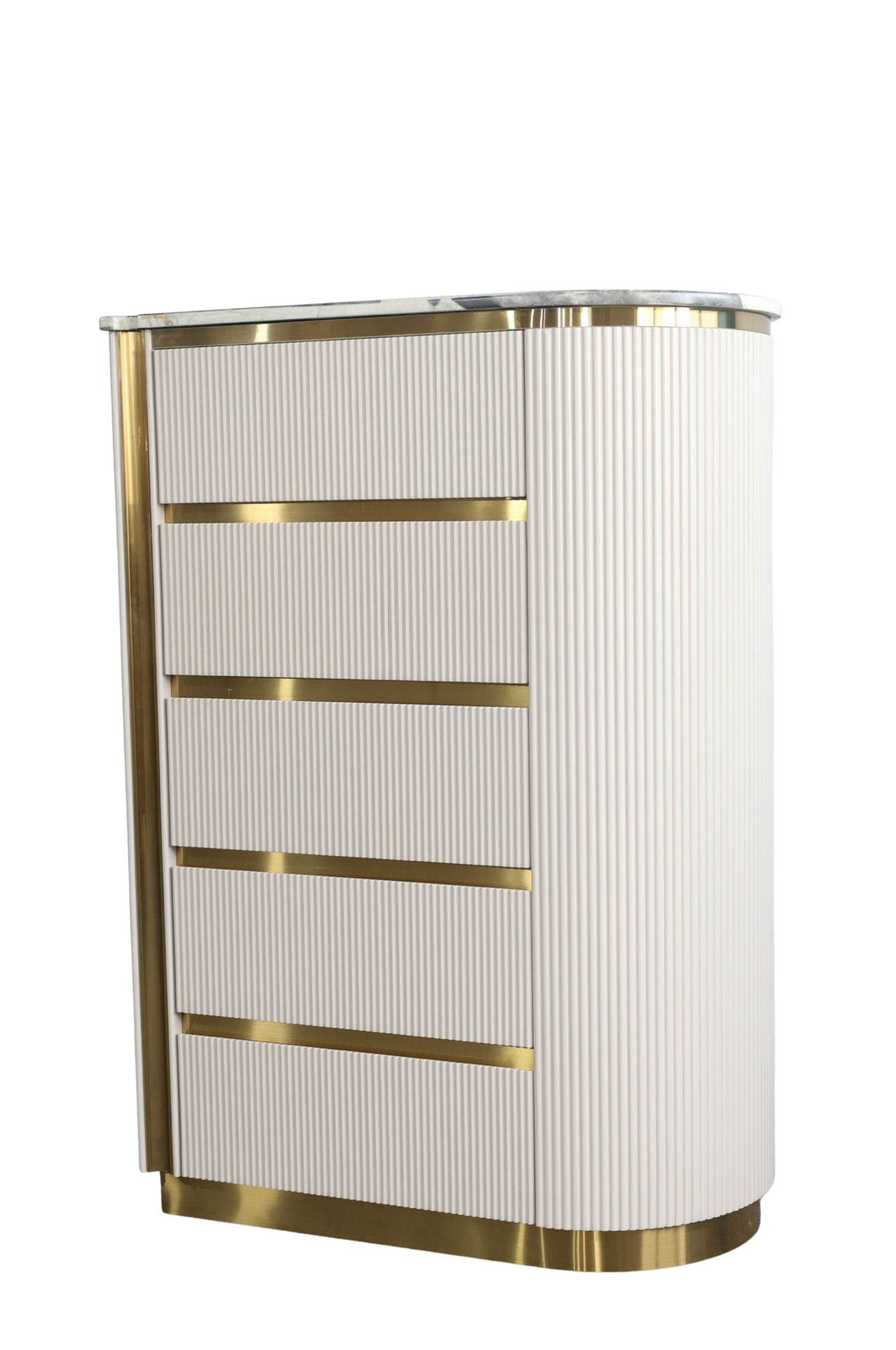 White and gold cylindrical cabinet on a white background
