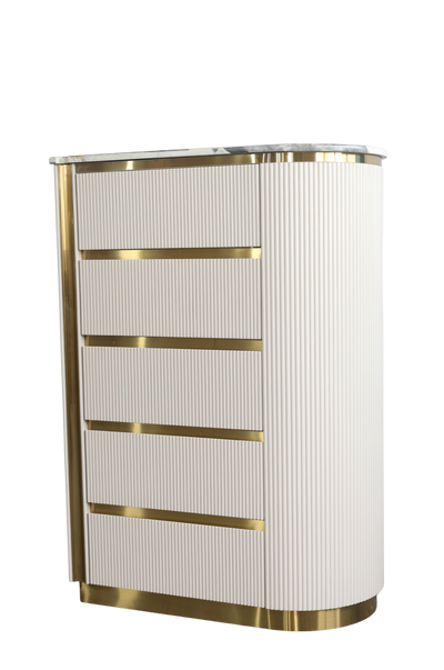 White and gold cylindrical cabinet on a white background