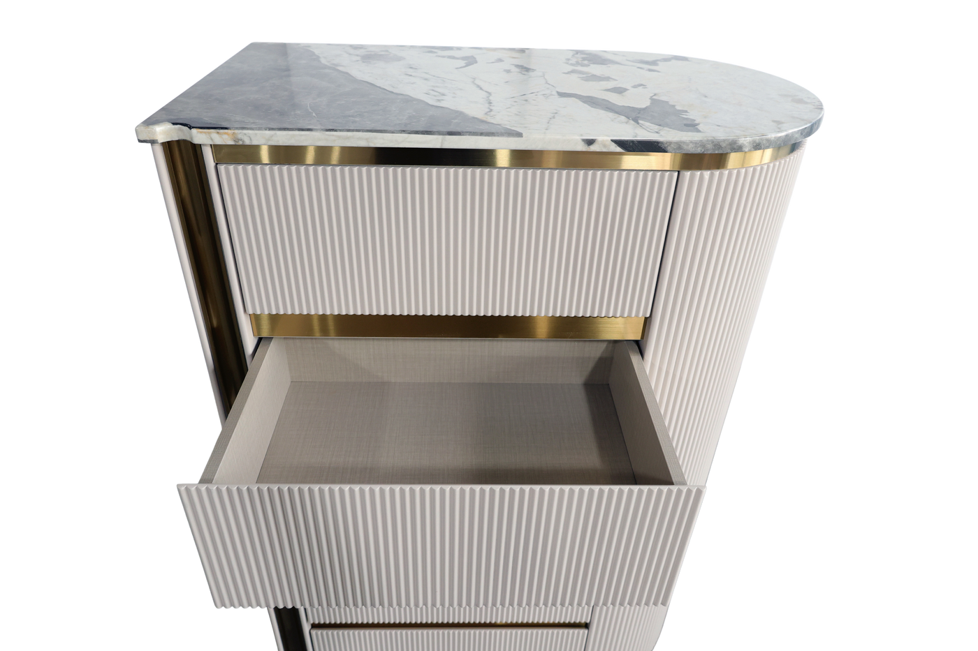 Decorative side table with marble top and ribbed white base on a white background