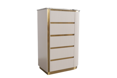 Tall white cabinet with gold accents on a white background