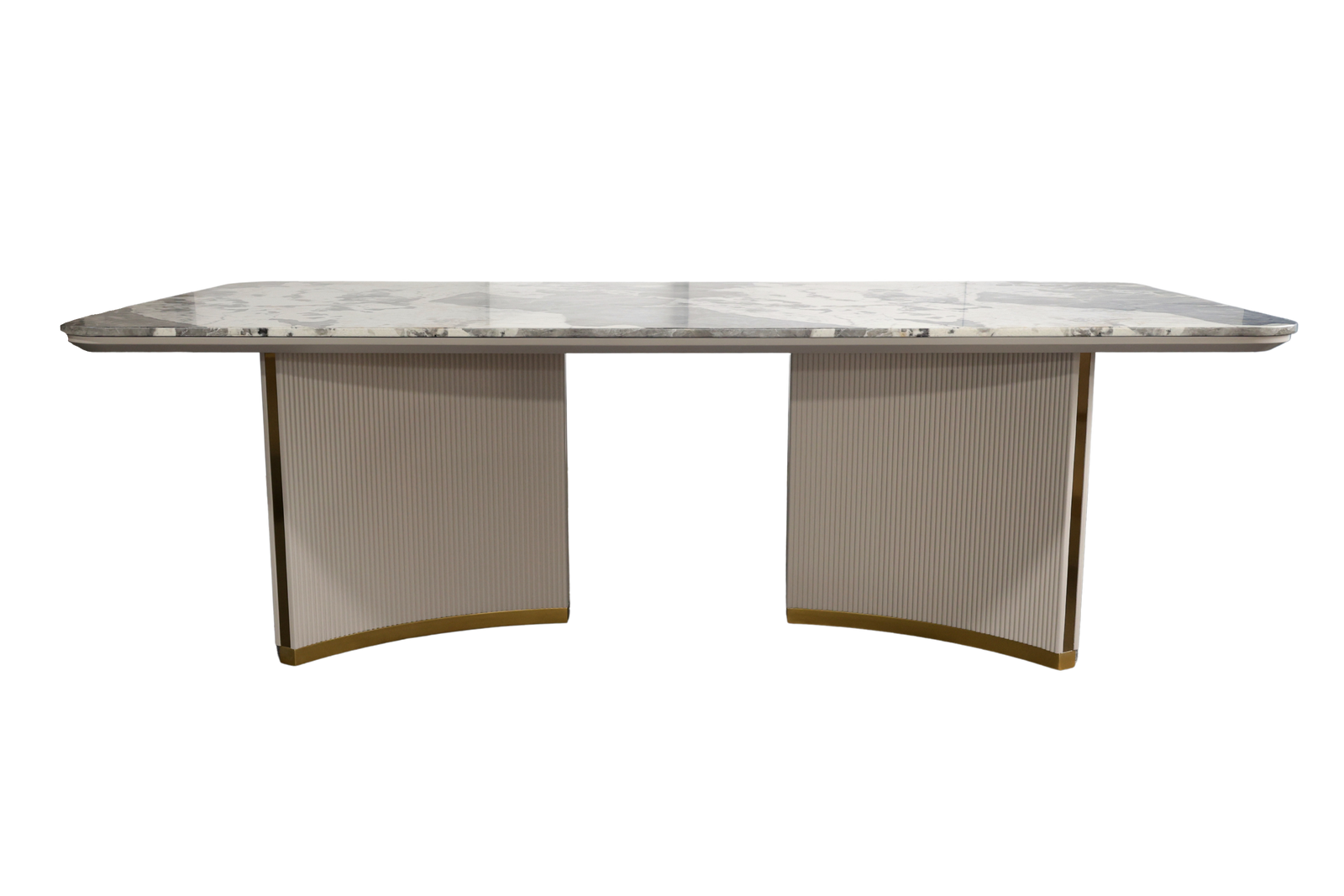 Marble-top dining table with curved base on a white background