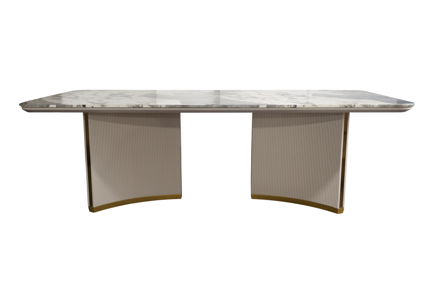Marble-top dining table with curved base on a white background