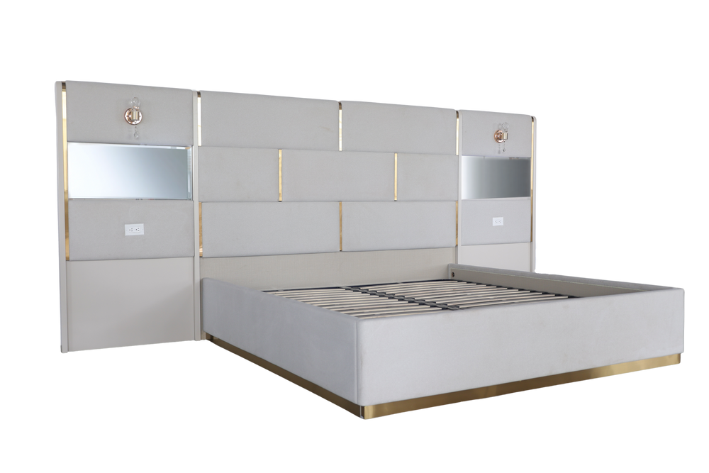 Modern bed with a metallic headboard on a white background