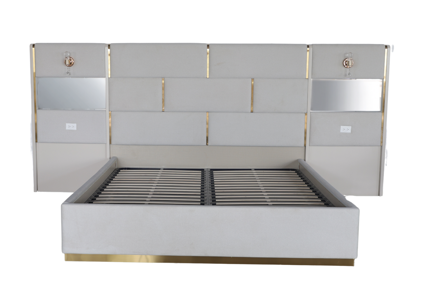 Modern bed with metallic accents on a white background