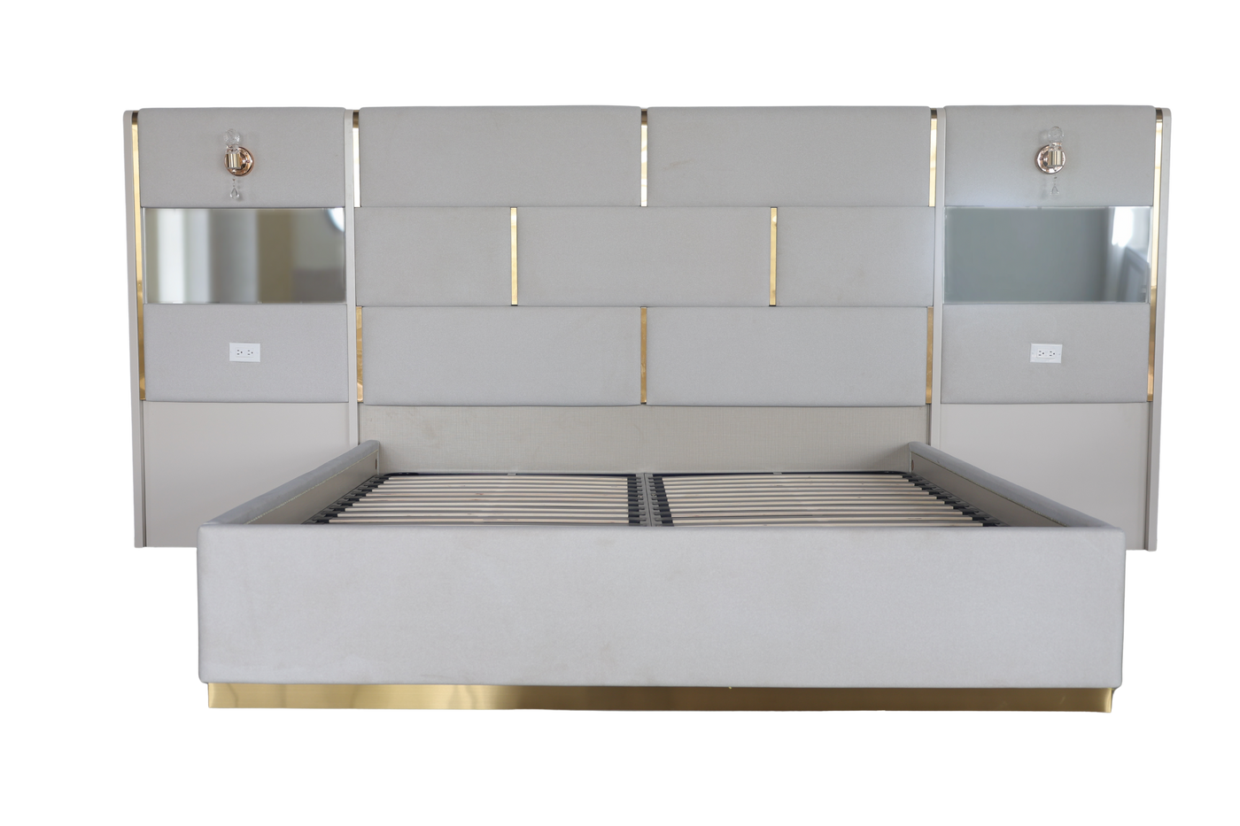 Modern bed with a metallic headboard on a white background