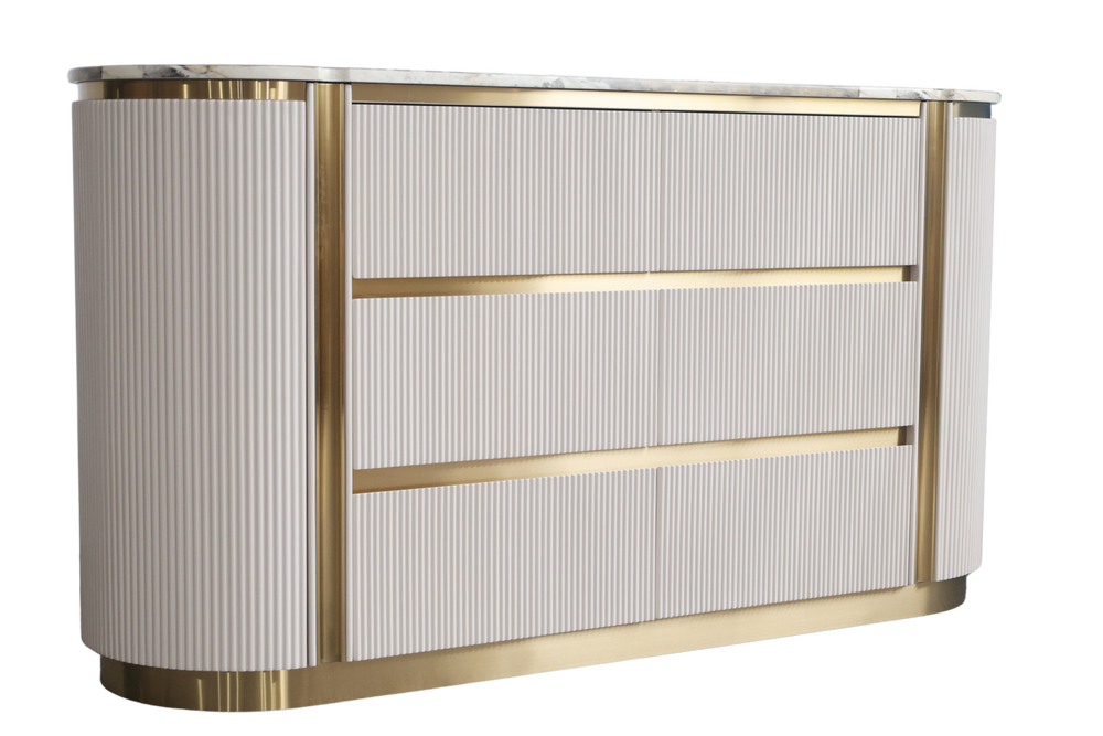 Modern reception desk with curved design and gold accents on a white background