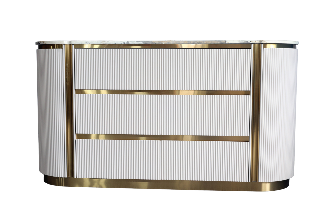 Modern reception desk with gold accents on a white background