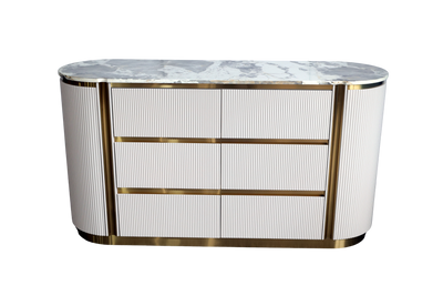 Decorative console table with marble top and gold accents on a white background
