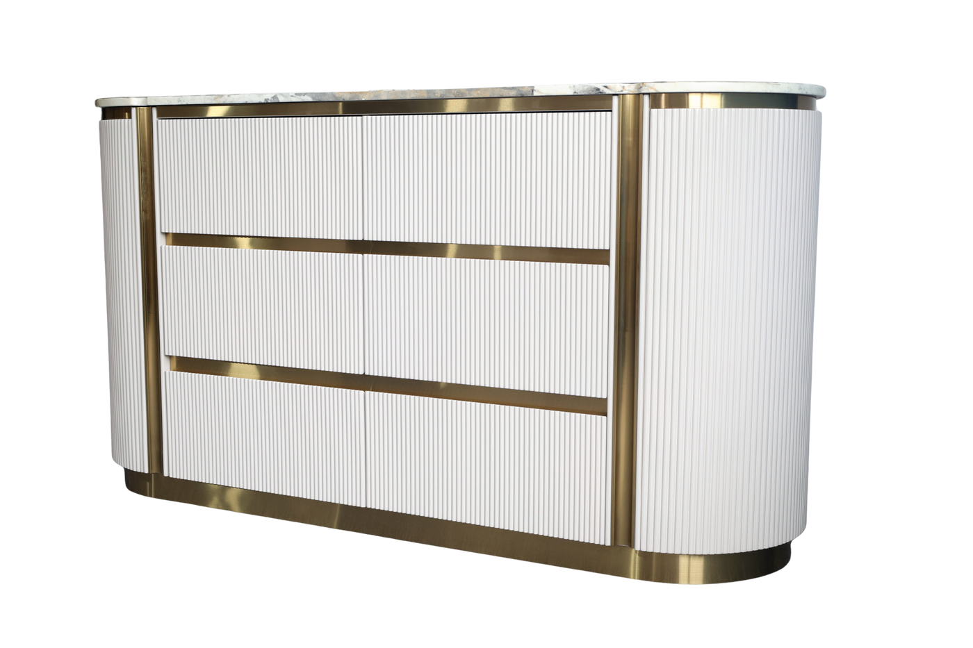 Modern white reception desk with gold accents on a white background