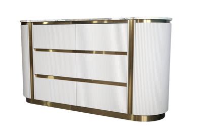 Modern white reception desk with gold accents on a white background