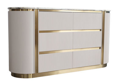Modern reception desk with curved design and gold accents on a white background