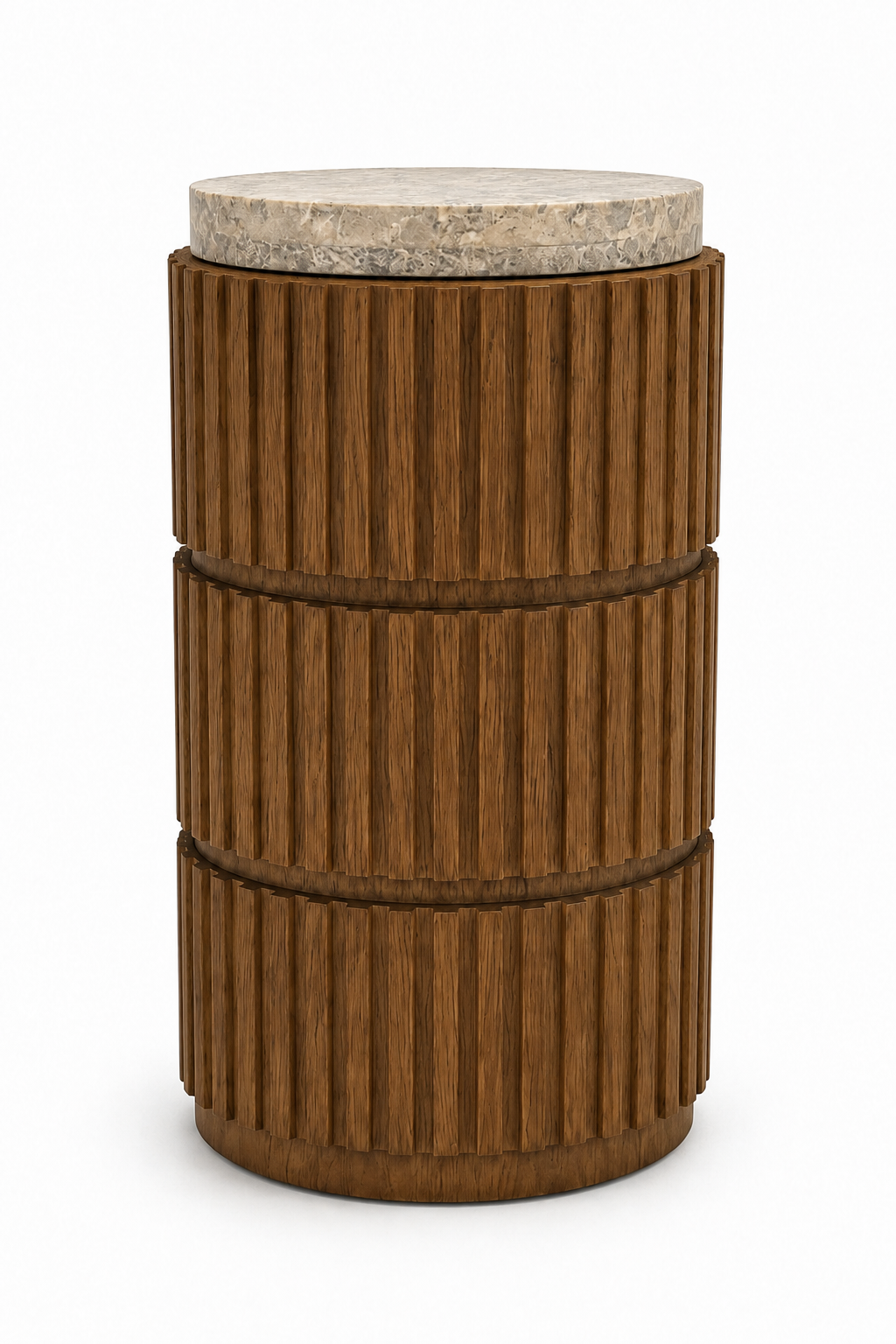 A modern cylindrical side table featuring a fluted dark brown wood body with three stacked tiers and a round light beige stone top, shown on a plain white background.