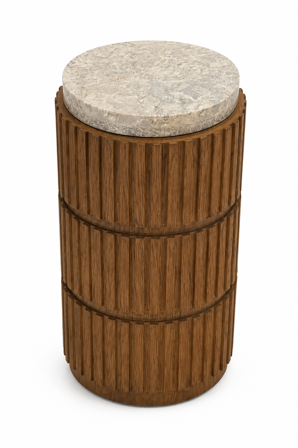 A modern cylindrical side table featuring a fluted dark brown wood body with three stacked tiers and a round light beige stone top, shown on a plain white background.