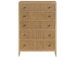 A beige wooden chest of drawers with five drawers, each having a handle on the right side.