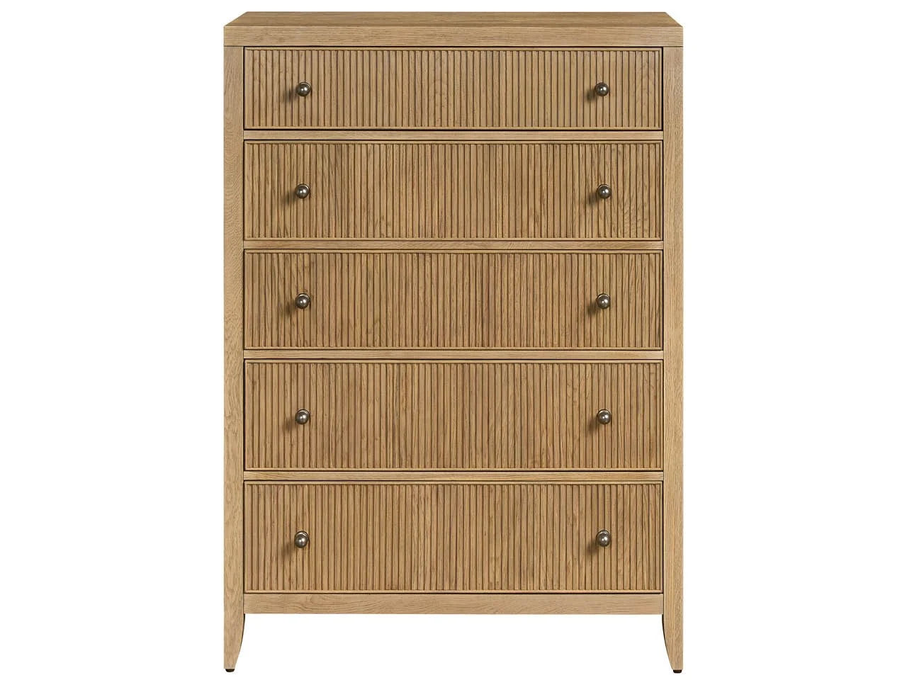 A beige wooden chest of drawers with five drawers, each having a handle on the right side.