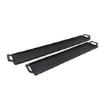 Two black griddle pans on a white background