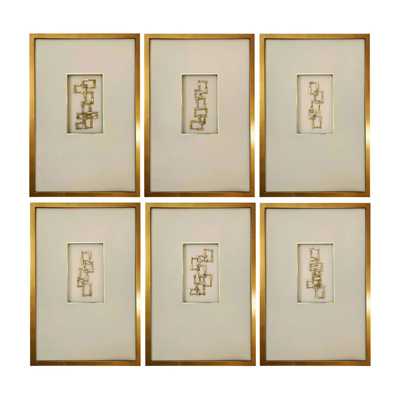 A set of six framed wall arts with gold frames and beige backgrounds, displayed in two rows with three items in each row.