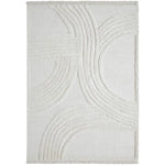 An off-white, hand woven cotton area rug with a geometric pattern and fringe edge.