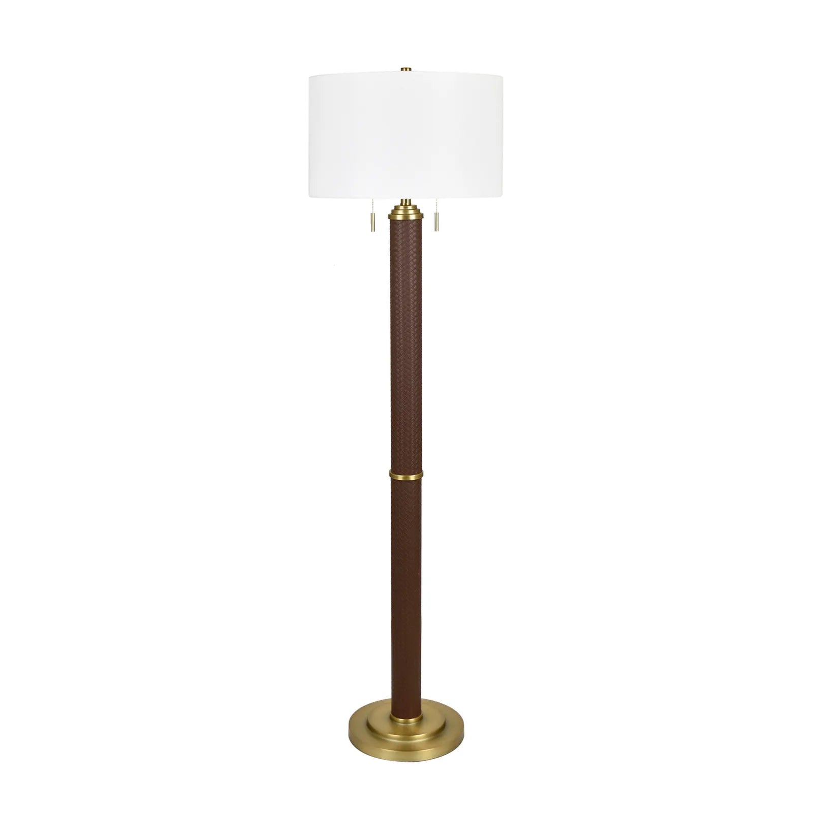 Floor lamp with a white shade and brown and gold base on a white background