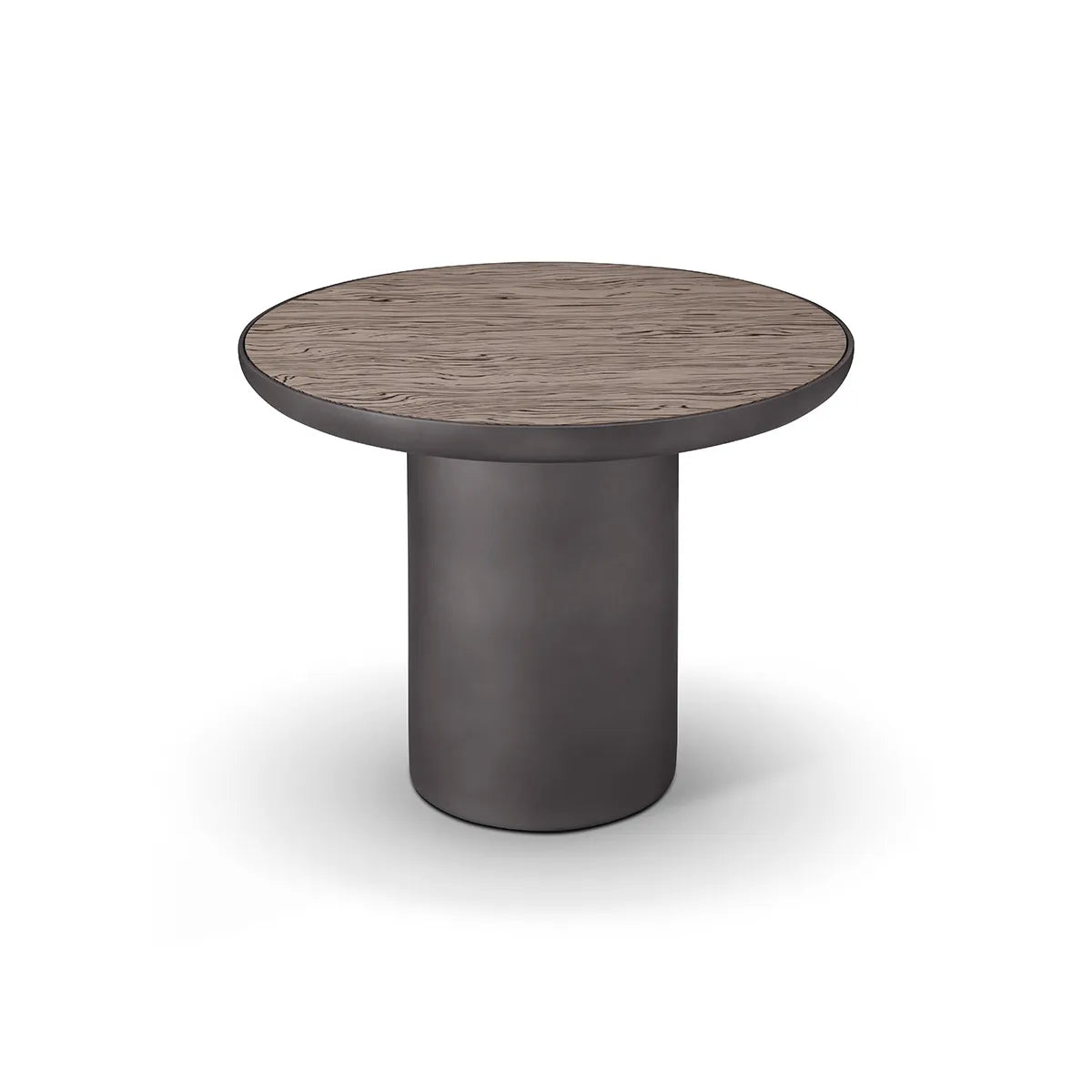 Round table with wooden top and concrete-like base on a white background