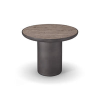 Round table with wooden top and concrete-like base on a white background