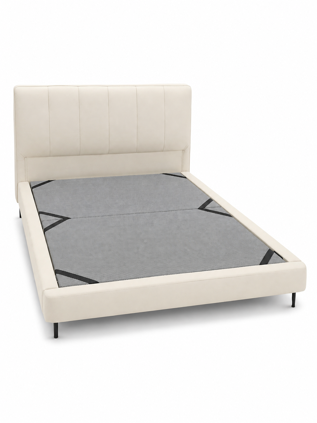 A modern platform bed frame upholstered in cream-colored leather, featuring a tall, vertically channeled headboard and a gray mattress base, shown on a plain white background.