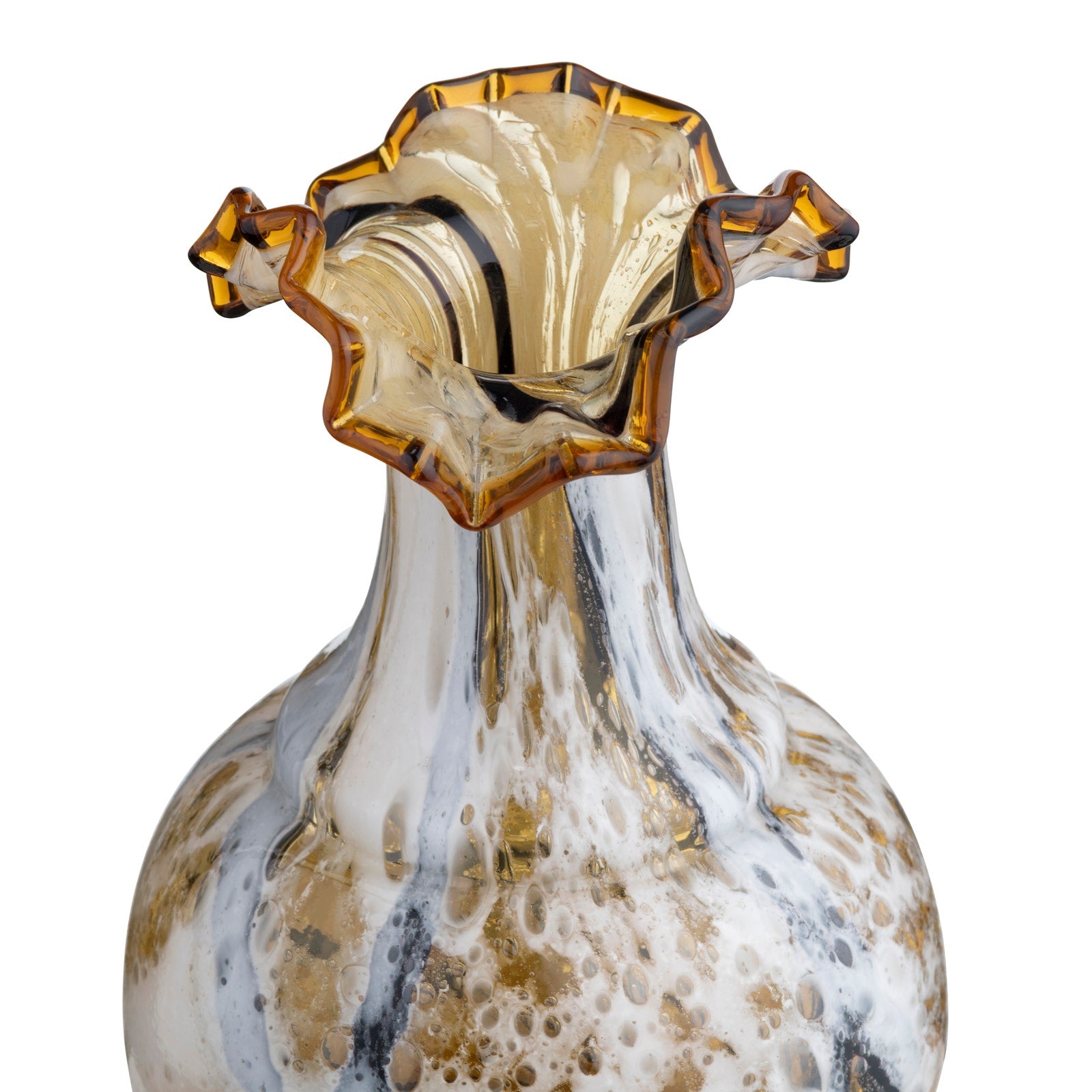 A decorative glass vase with a flared, ruffled neck and a rounded base, featuring a marbled pattern of amber brown, white, and dark gray on a white background.