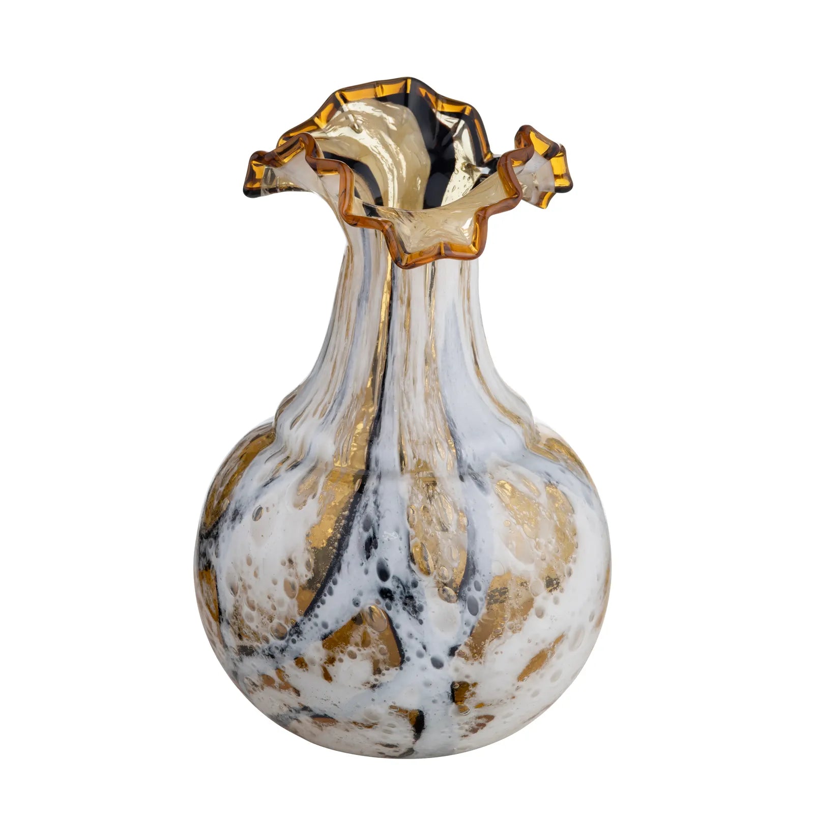 Decorative vase with gold and black accents on a white background